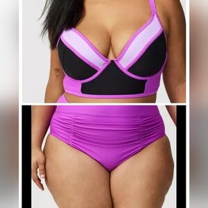 Torrid Longline Bikini Top 3D/DD & Ruched High Rise Bottom 2x Purple & Black NWT